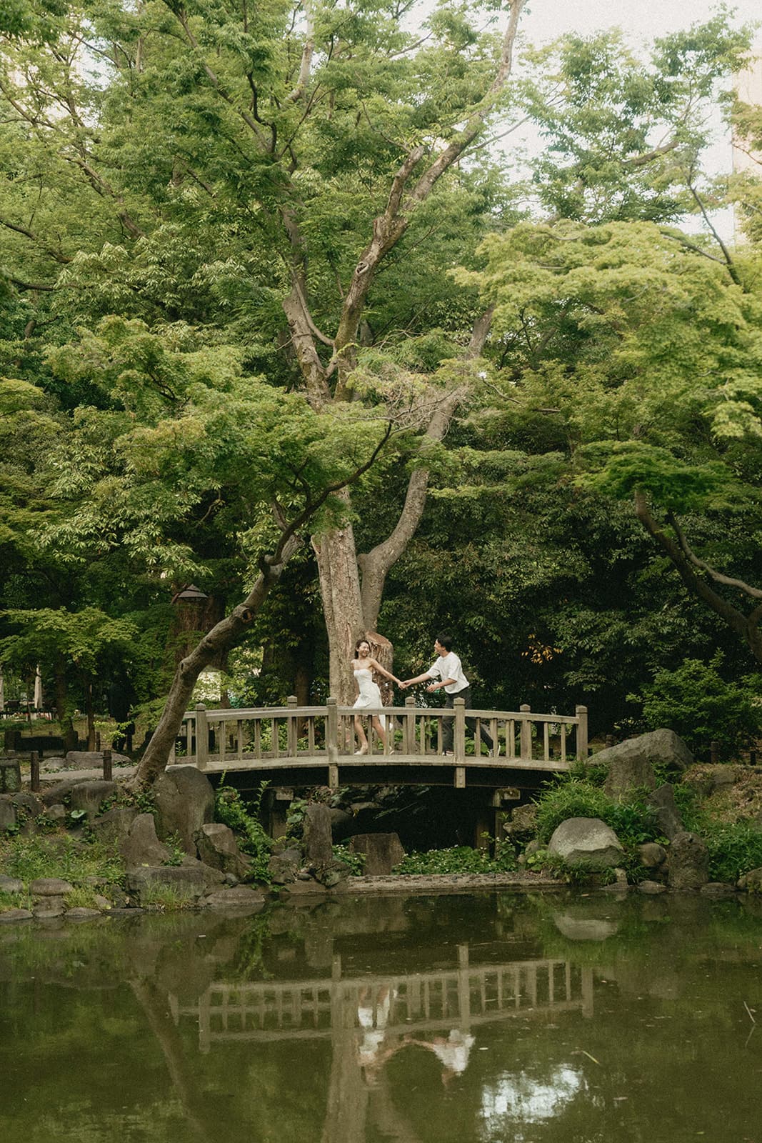 On a wooden bridge in a Japanese garden